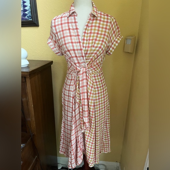 Anthropologie Plaid Wrap Dress in Pink and Yellow. XS please see photo for flaw - Picture 2 of 9